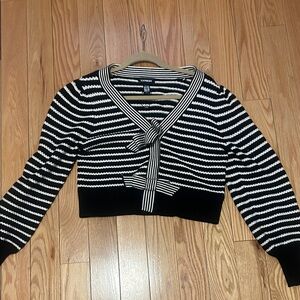 Express Women's Striped Black and Cream Cardigan